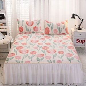 1PC Floral Bed Skirt Skin-friendly Cotton Lace Bedspreads Milk Fleece Bed Cover