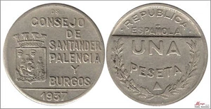 Santander/Palencia/Burgos 1 pta.1937 Cu/Ni Santander/Palencia/Burgos 1 pta.1937 - Picture 1 of 1