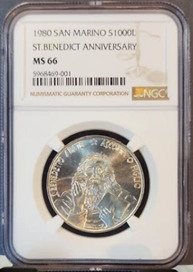 1980 SAN MARINO SILVER 1000 LIRE SAINT BENEDICT ANNIVERSARY NGC MS 66 GEM BU - Picture 1 of 3
