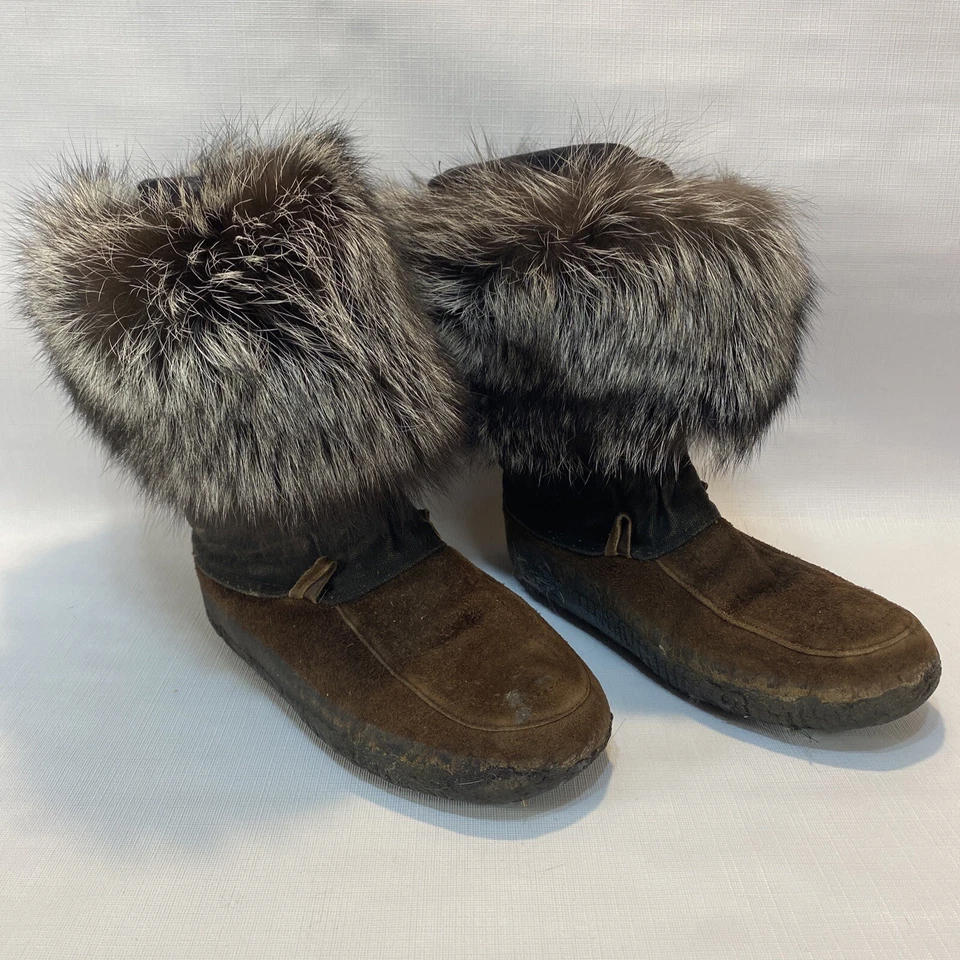 Handmade mukluk boots Silver fox fur real SIZE EST brown leather & black canvas - Image 1 of 4