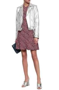 Chaqueta de motociclista de cuero plateado metálico para mujer - Chaqueta de moto de piel de cordero genuina real - Imagen 1 de 6