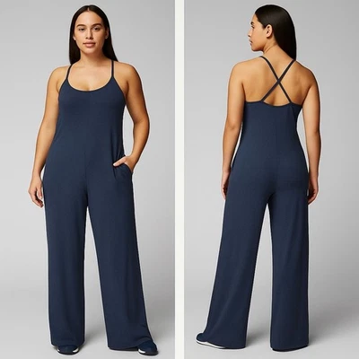 Fabletics Cloud Jersey Wide Leg Romper | Navy Blue Lounge Jumpsuit | Medium - Image 1 of 4