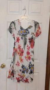 Charlie B Gauzy Cotton Dress Ivory Pink Blue Floral V-neck SS Lined Pullover S - Picture 1 of 2