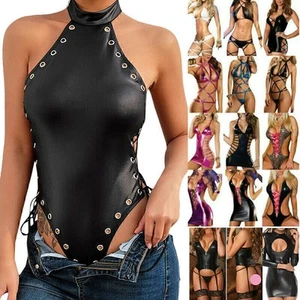яLadies Sexy Erotic Wet Look PU Mesh SM Lingerie Bodysuit UnderwearDress Outfits - Picture 1 of 22