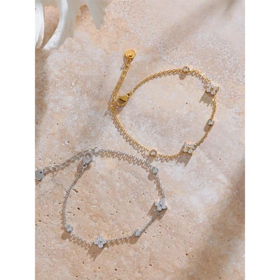 Brazalete fino de acero inoxidable con cadena de flores de circonita para mujer elegante 1 pieza Foto 1 de 4