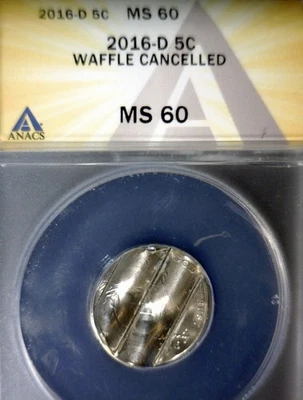 2016d ERROR ANACS MS60 WAFFLED Jefferson Nickel BU+ Coin STRUCK Waffle w Details - Image 1 of 4
