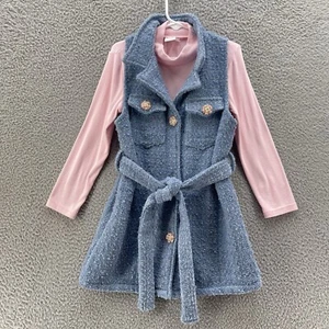 Mia Belle Girls Blue Tweed Dress Set Size 6 Chic Pink Turtelneck Belted Shacket - Picture 1 of 14