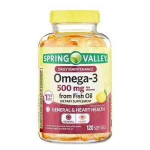 Spring Valley Fish Oil Omega-3 General Supplement Softgels, 500 mg, 120 Count - Picture 1 of 10