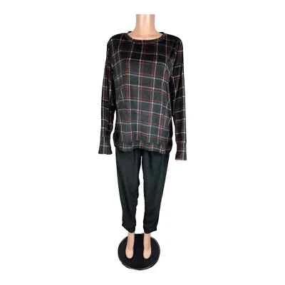 Juego de salón Cuddl Duds para mujer pequeño de terciopelo suave junto al fuego negro a cuadros talla 3XP Foto 1 de 2