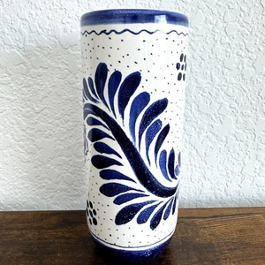 Cobalt Blue and White Painted Art Glass Vase Jar Cylinder Style Artist Signed 7" - Picture 1 of 7