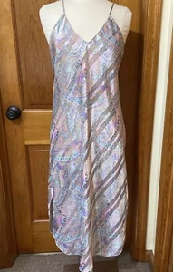 Vintage Nachthemd L Lucie Ann Satin Blumen ärmellos Negligee blau lila rosa - Bild 1 von 9