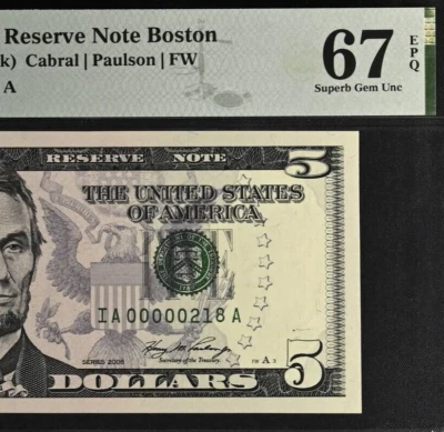 2006 $5 Federal Reserve Note PMG 67EPQ birthday low serial number 00000218 - Image 1 of 3