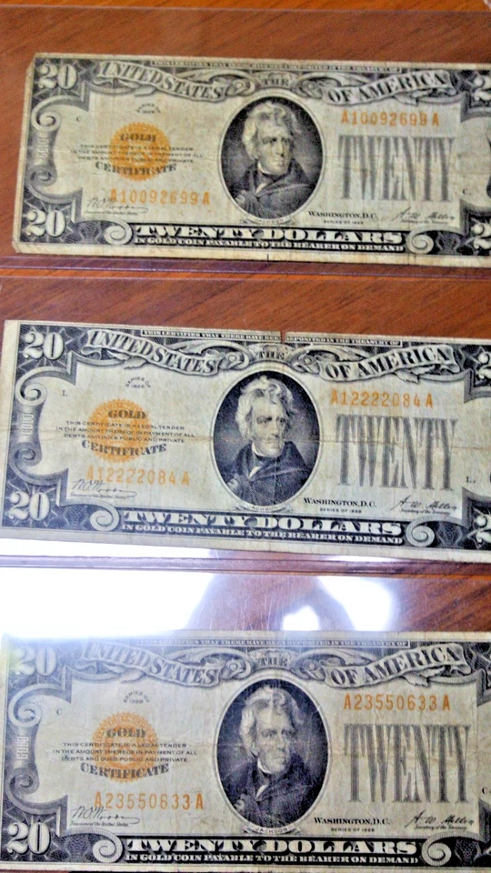 THREE (3) 1928 $20 Twenty Dollar Gold Certificates  Woods & Mellon - Image 1 of 4
