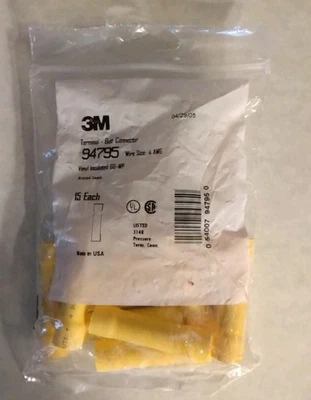BUTT CONNECTOR, 4AWG, YELLOW, VINYL INSULATED, 15 PACK, 3M-94795, NEW IN BAG - Image 1 of 2