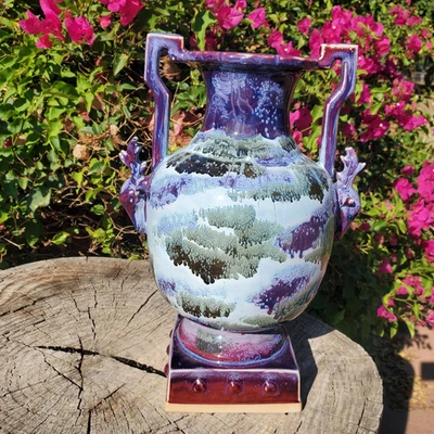 Jarrón XL Amphora cerámica esmaltada púrpura verde llamativo Foto 1 de 4