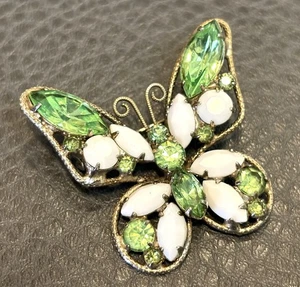 Vintage Unsigned Beauty Butterfly Brooch Pin Shades Green White Rhinestones - Picture 1 of 6