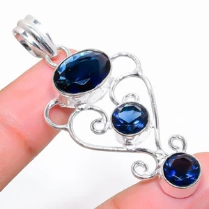 London Blue Topaz Gemstone Handmade 925 Sterling Silver Jewelry Pendant Sz 2.50" - Picture 1 of 1