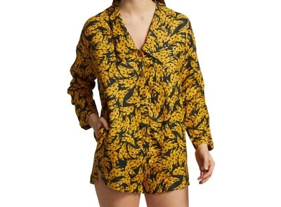 Anthropologie Farm Rio Banana Print Linen Romper Size Large Long Sleeve Shorts - Image 1 of 4