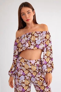 Floral Long Sleeve Crop Top And Wide Leg Pants Matching Set - Picture 1 of 3