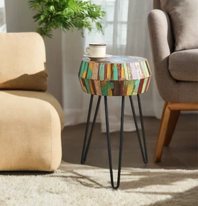 Greenage Side End Table Solid Reclaimed Wood Nightstand Round 3D Round 22" H - Picture 1 of 14