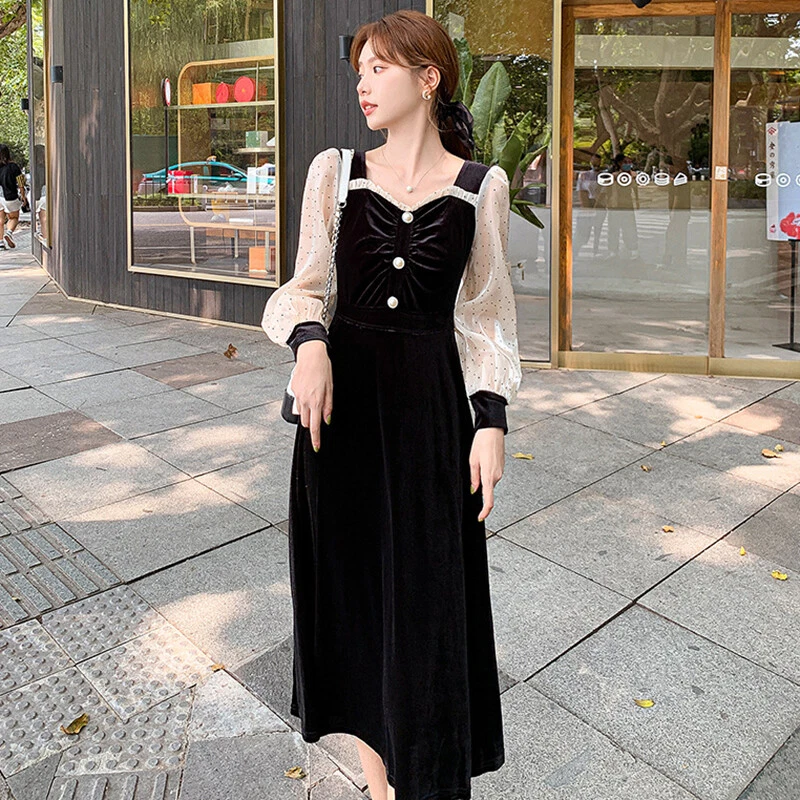 Mujeres Vestidos Midi Terciopelo Pleuche Lunares Botón Volantes Manga Larga Elegante Foto 1 de 4