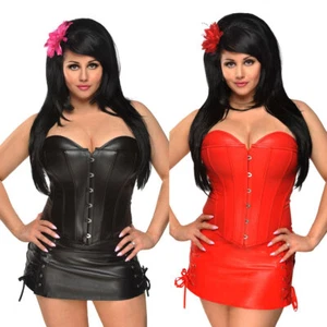 Overbust Corset Top Basque Cincher Bustier Mini Skirt Set Faux Leather Bone 6-22 - Picture 1 of 36