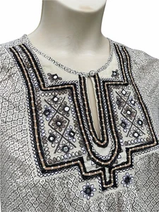 Lucky Brand Boho Peasant Blouse Top Size S Festival Embroidered Brown Cream - Picture 1 of 8