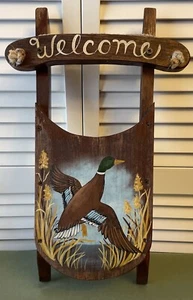 Rustic hand painted mallard duck winter sled welcome wall hanging - Picture 1 of 6