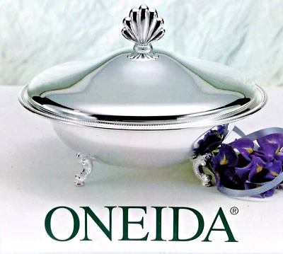 Oneida Silverplate Lidded Glass Casserole 1.5qt Footed Server New in Box - Image 1 of 4