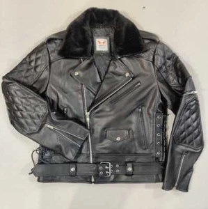 Men's Real Cow Leather Bikers Quilted  Jacket Detachable Fur Collar Biker Jacket - Picture 1 of 4
