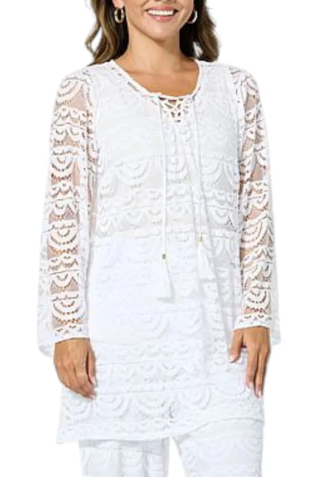 Túnica para mujer Colleen Lopez tejida de encaje con cuello en V blanca Foto 1 de 1