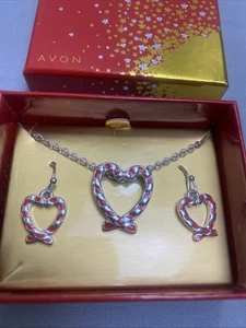 Vtg Avon Candy Cane Heart 18”Necklace & Dangle Earrings Set In New Original Box - Picture 1 of 5