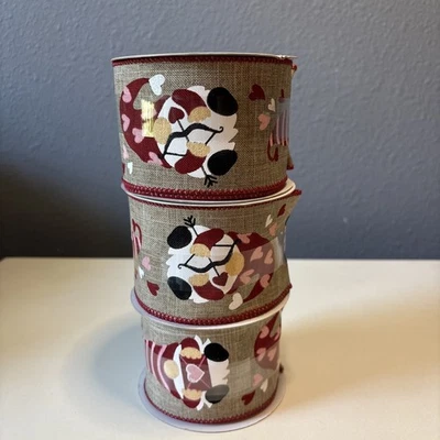 Gnomes With Hearts Wired Ribbon Celebrate It 2.5in X 6.6yd Set Of 3 New. - Image 1 of 4