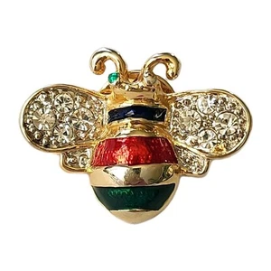 Cabochon Bee Pin Red Enamel with Crystals - 18K Gold Plated Lapel Brooch - Picture 1 of 7