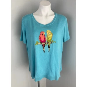 Talbots Parakeet Lovebird Print Blue Knit Sweater Top 1X - Picture 1 of 6
