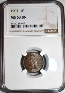 NGC MS-63 BN 1907 Indian Head Cent, Well-Struck & Fully Lustrous. - Picture 1 of 2