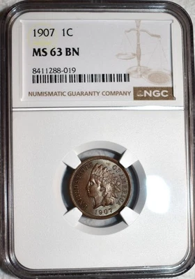 NGC MS-63 BN 1907 Indian Head Cent, Well-Struck & Fully Lustrous. - Image 1 of 2