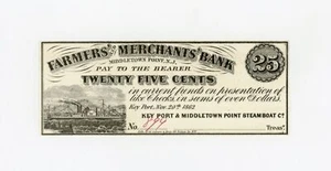 1862 25c The Key Port & Middletown Point Steamboat Co. - NEW JERSEY Note XF/AU - Picture 1 of 3
