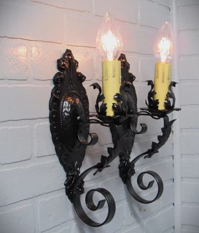 Vintage Antique Pair Spanish Revival Sconces Bunglow Lighting 12 3/4" Tall Cover