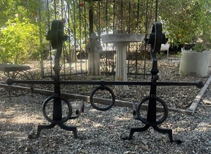 Large Antique Arts & Crafts Hand Wrought Iron Fireplace Andirons w/ Cross Bar - Picture 1 of 7