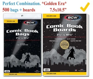 500 BCW Gold Age Golden Comic Bags 2 Mil Protection Sleeve + Back Boards Holders - Picture 1 of 5