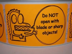 DO NOT OPEN WITH BLADE OR SHARP OBJECTS 2x3 Sticker Label fluor orange 250/rl - Picture 1 of 1