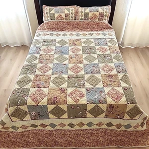 Set trapunta patchwork LL Bean King a righe floreali 2 federe Cottagecore Cabincore - Foto 1 di 9