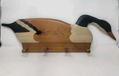 1980s Vintage Signed Ron Fisher Solid Wood Hand Painted Goose Hanging Key Holder - Image 1 of 4