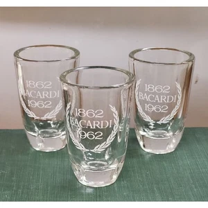Vintage Bacardi Shot Glasses 1862–1962 Centennial Etched Logo Barware Set of 3 - Picture 1 of 12