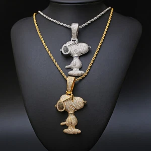 5AAA+ CZ Hop Hip Ice Out Cartoon Snoop Dog Pendant Chain 24k Real Gold Plated - Picture 1 of 9