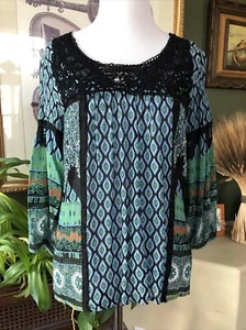 BILA Blue Green Crochet Trim Rayon Scoop Neck Peasant Tunic Top S NWOTs - Picture 1 of 6