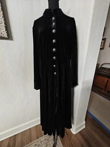 Long Black Velvet Coat The Pyramid Collection w/Mandarin Collar Ornate Buttons L - Picture 1 of 8
