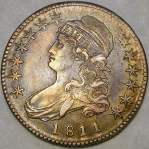 1811 MÜTZENBÜSTE BRIEFRAND SILBER HALF DOLLAR mit schönem getöntem Oberton #107-R.4 - Bild 1 von 4