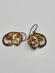 Vintage Zarah Tiger Enamel Sterling Silver Dangle Earrings - Picture 1 of 13